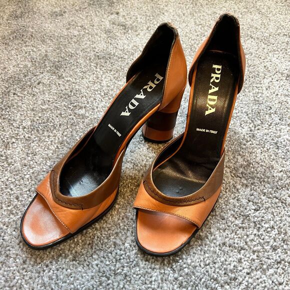 Vintage Prada Brown Leather Retro Colorblock Heels Shoes Women’s 7 36.5 - Picture 1 of 7